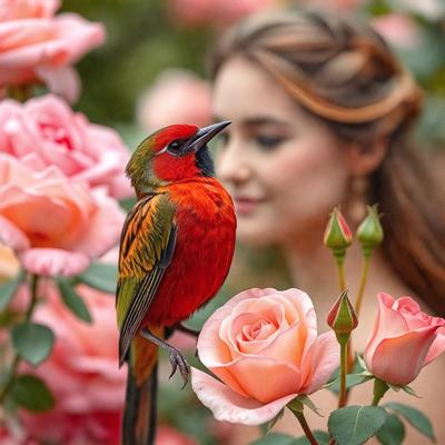 The primary subject of the image is a bird, specifically a red and green parrot, perched on a pink rose. The bird is surrounded by a beautiful garden setting, with other pink flowers in the background. The visual style of the image is a photo, capturing the bird in its natural habitat. The colors and mood of the image are vibrant and lively, with the red and green parrot standing out against the pink flowers.